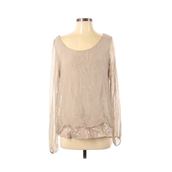 PSh2 25 DOLCE RAGAZZA Blouse top 100% SILK BLOUSE Tan with sequins   L - Picture 2 of 10